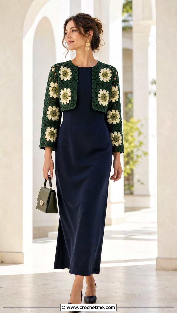 Flower Granny Square Bolero With Column Dress - 35 Granny Square Outfit ideas