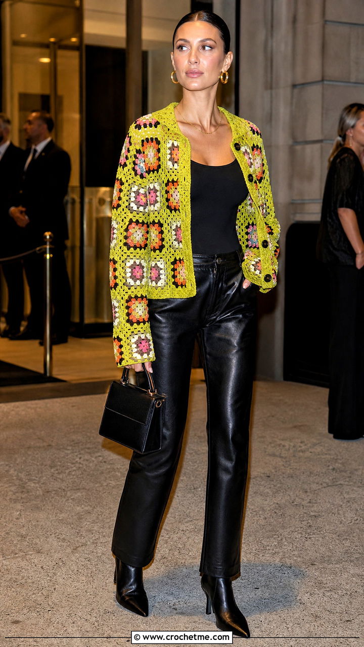 Flower Granny Square Button Up With Leather Pants - 35 Crochet Flower Shirt outfit ideas