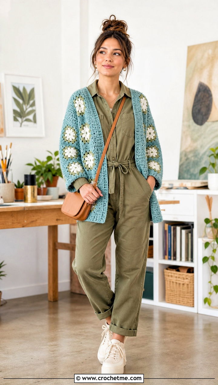 Flower Granny Square Cardigan With Utility Jumpsuit - 25 For Granny Square Cardigan outfit ideas