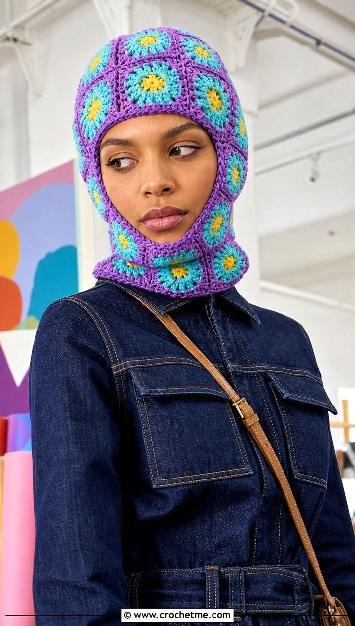 Flower Granny Square Crochet Balaclava Hat With Utility Jumpsuit - 25 crochet balaclava hat outfit ideas