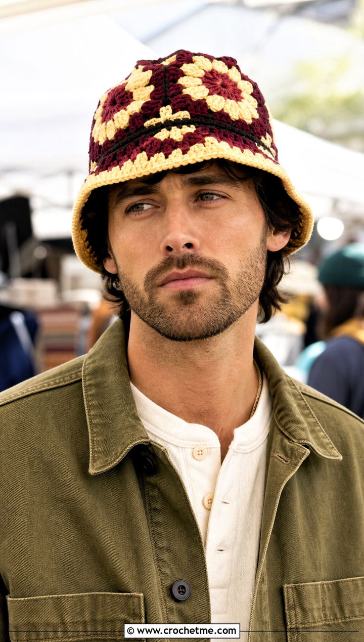 Flower Granny Square Crochet Bucket Hat With Workwear - 15 mens crochet bucket hat outfit ideas