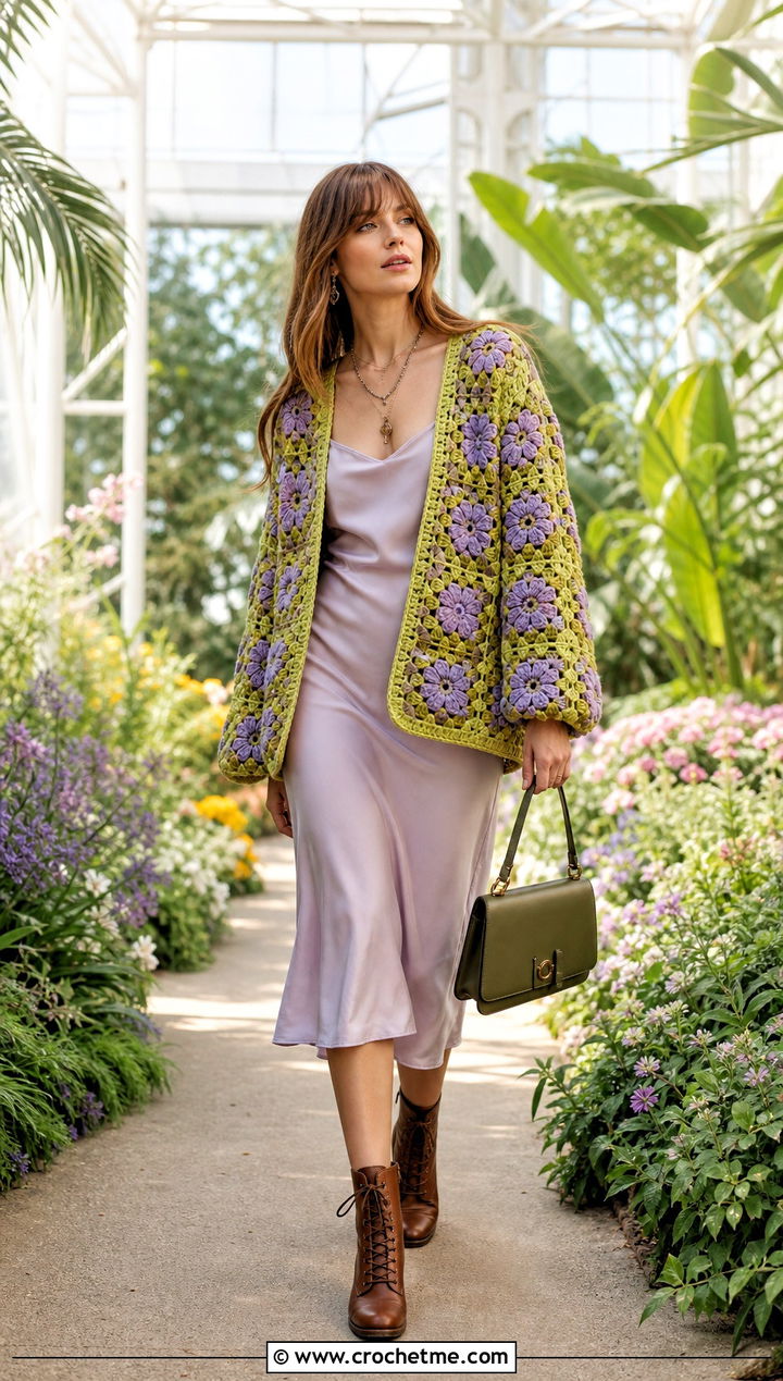Flower Granny Square Crochet Cardigan With Slip Dress - 25 Fairy Core Crochet Outfits ideas