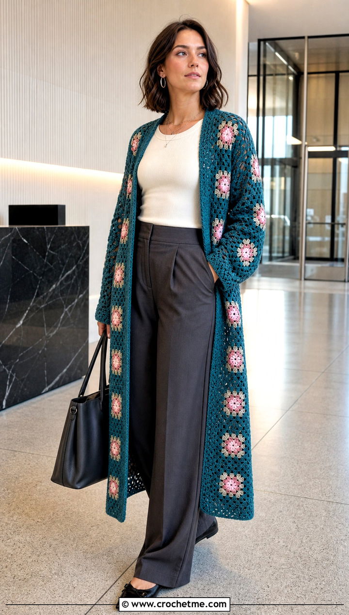 Flower Granny Square Crochet Duster With Tailored Trousers - 15 Granny Square Crochet Duster outfit ideas