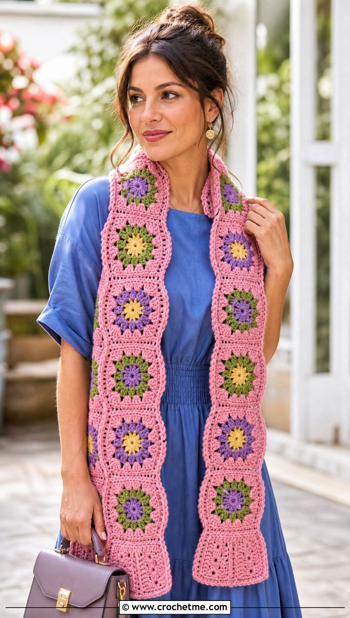 Flower Granny Square Crochet Scarf With Midi Dress - 30 crochet granny stitch scarf outfit ideas
