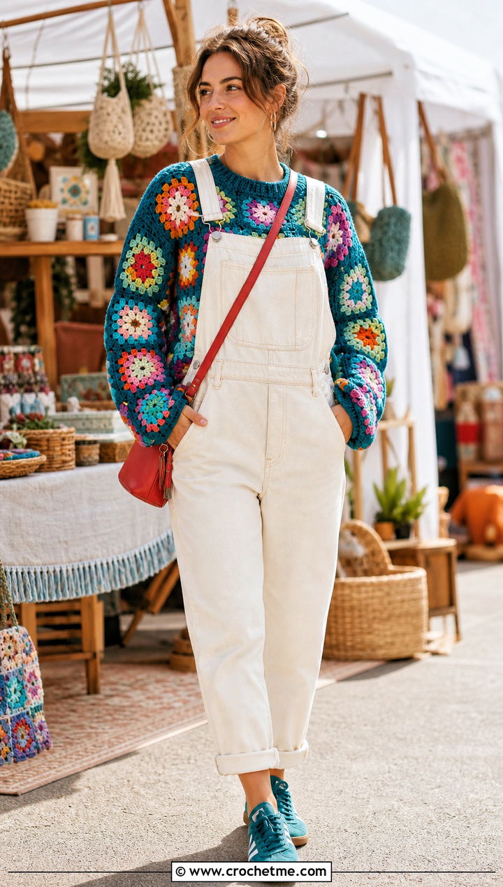 Flower Granny Square Crochet Sweater With Overalls - 25 Colorful Crochet Sweater Ideas