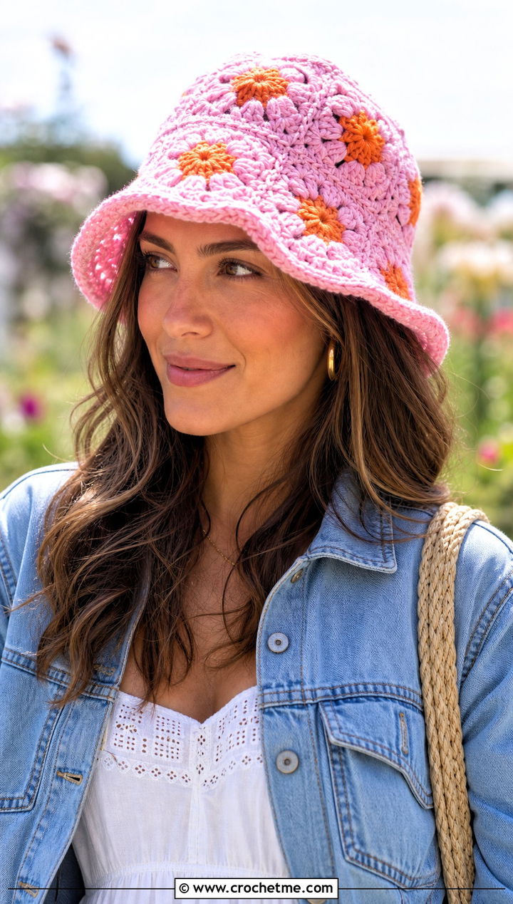 Flower Granny Square Hat With White Dress - 20 Granny Crochet Hat outfit ideas