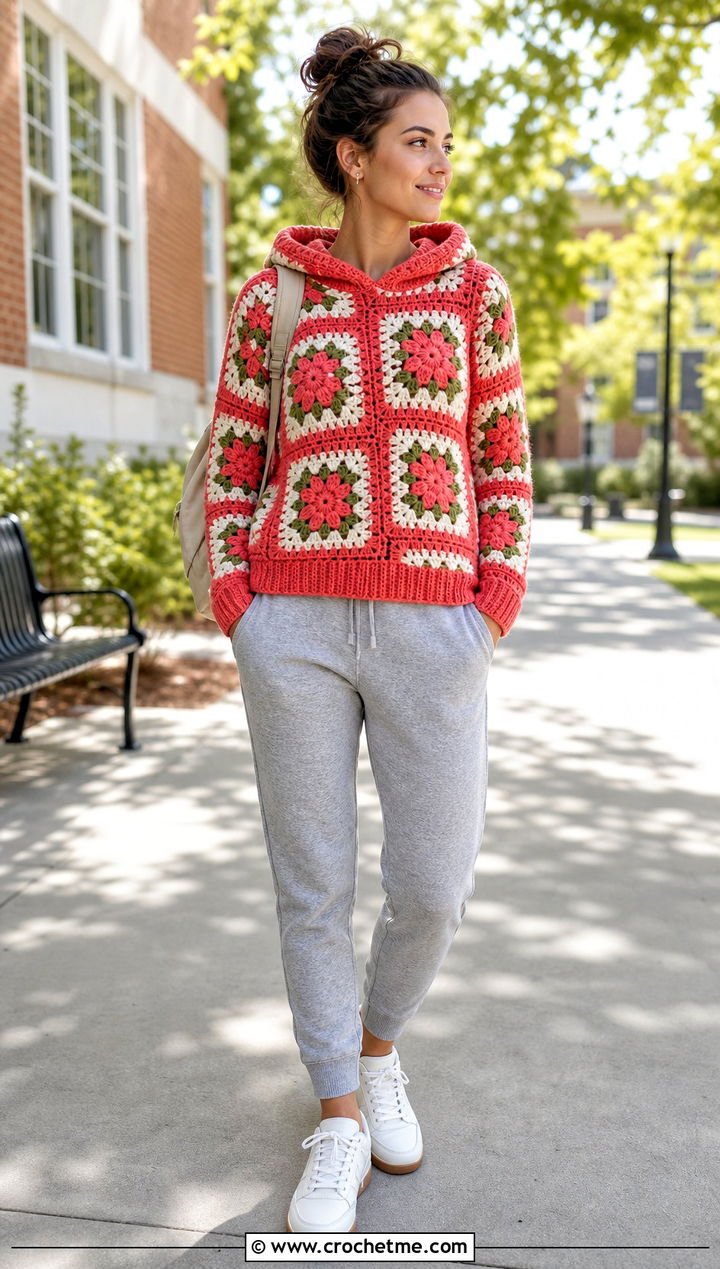 Flower Granny Square Hoodie Sweater With Joggers - 35 crochet sweater with flowers outfit ideas