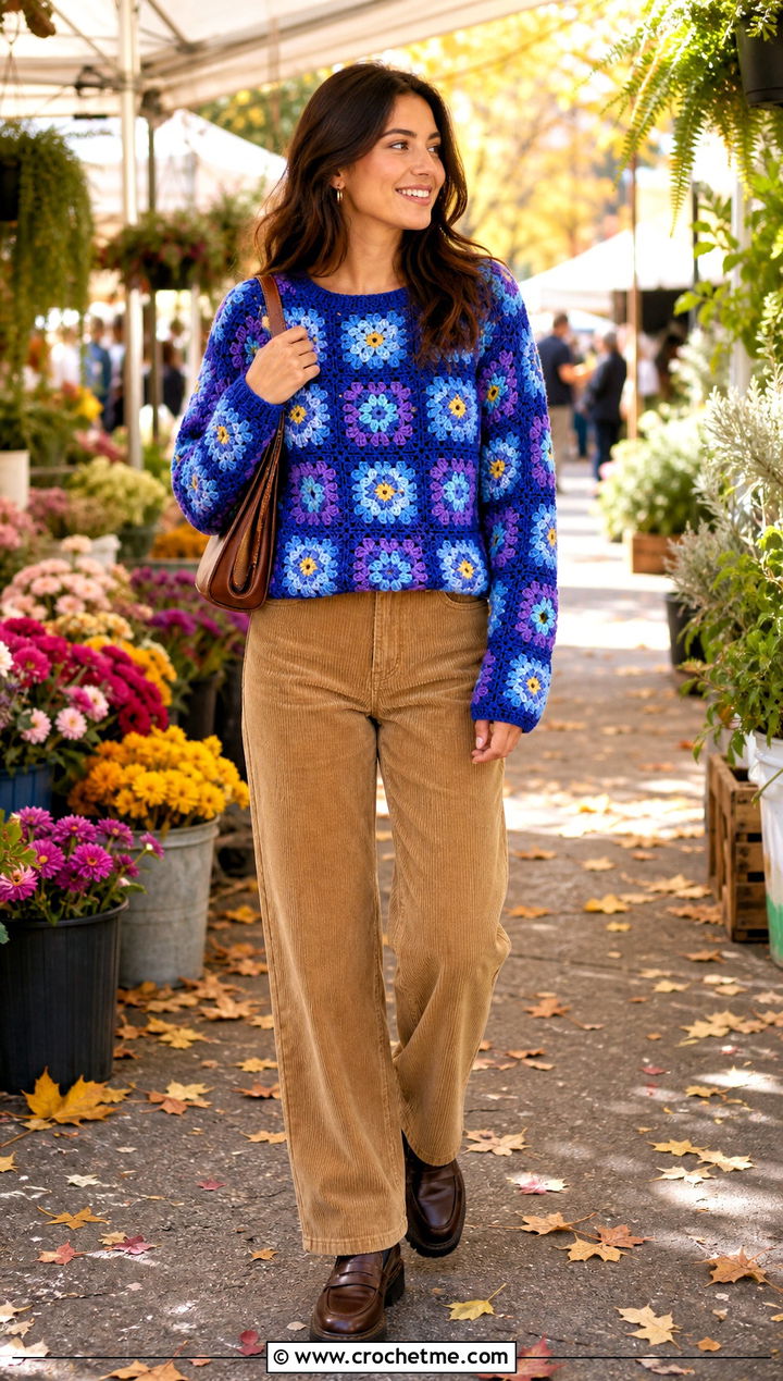 Flower Granny Square Jumper With Corduroy Pants - 15 crochet patchwork jumper outfit ideas