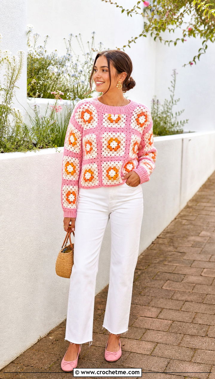 Flower Granny Square Jumper With White Denim - 30 crochet square jumper outfit ideas