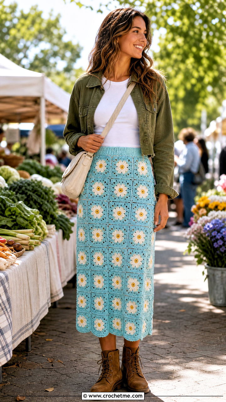 Flower Granny Square Midi Skirt With Utility Jacket - 35 crochet granny skirt outfit ideas