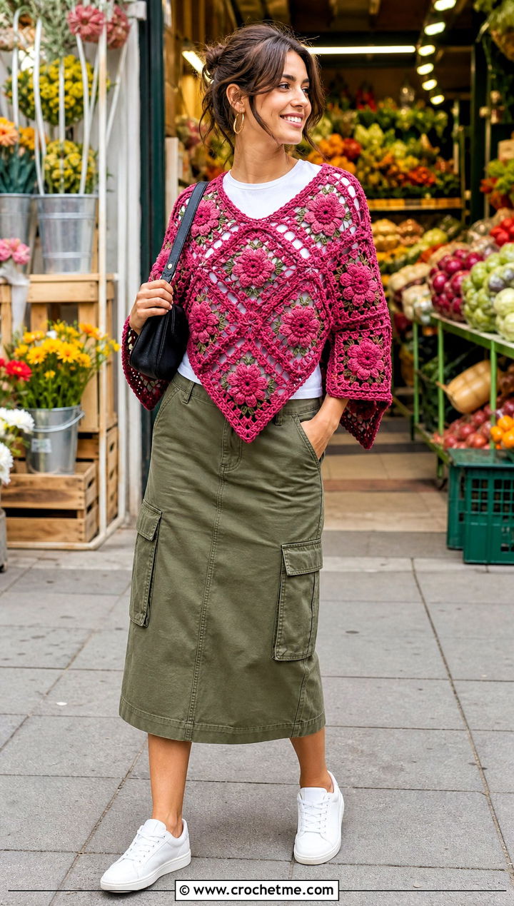 Flower Granny Square Poncho With Cargo Skirt - 30 crochet square poncho outfit ideas