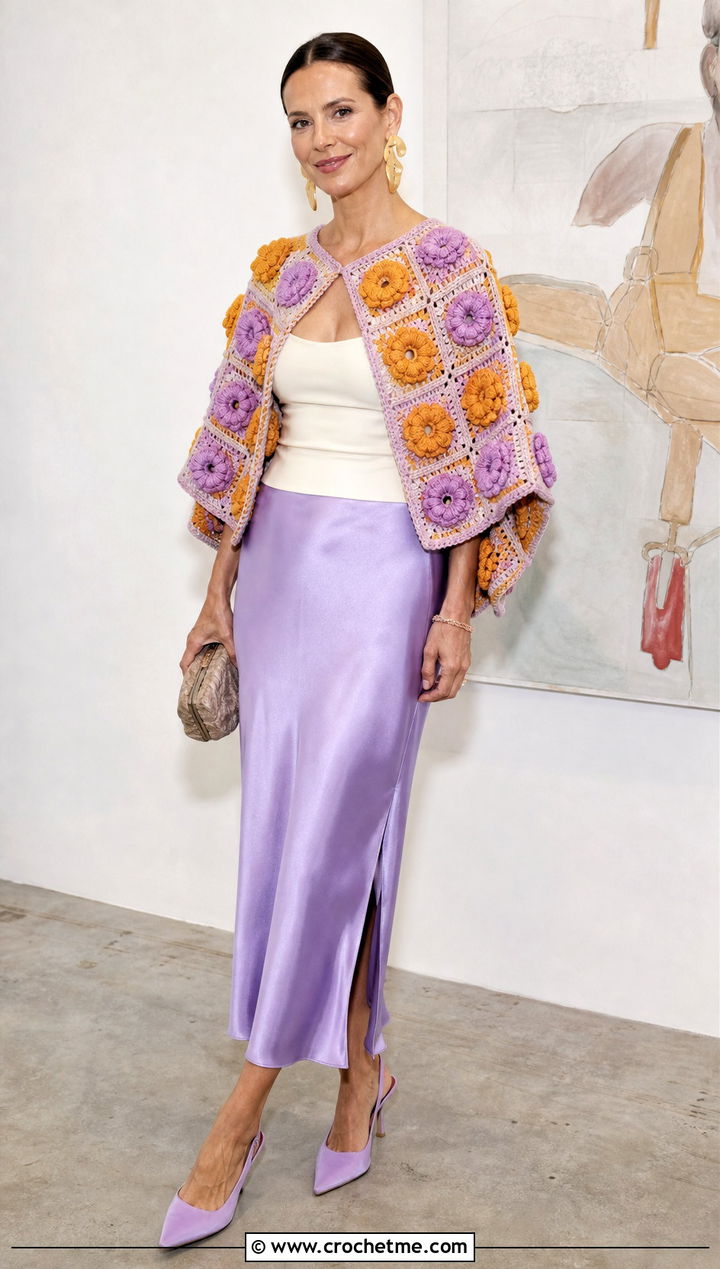 Flower Granny Square Poncho With Satin Slip Skirt - 35 granny square poncho outfit ideas