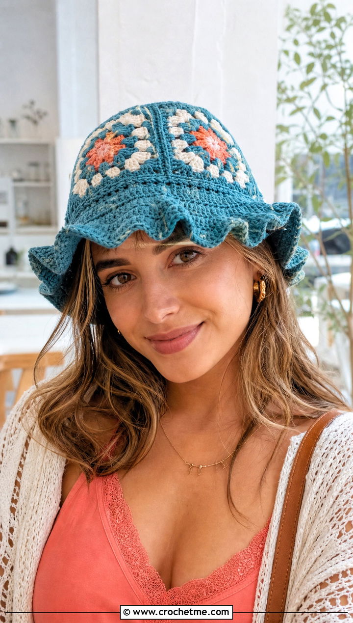 Flower Granny Square Ruffle Crochet Bucket Hat With Cardigan - 25 ruffled crochet bucket hat outfit ideas