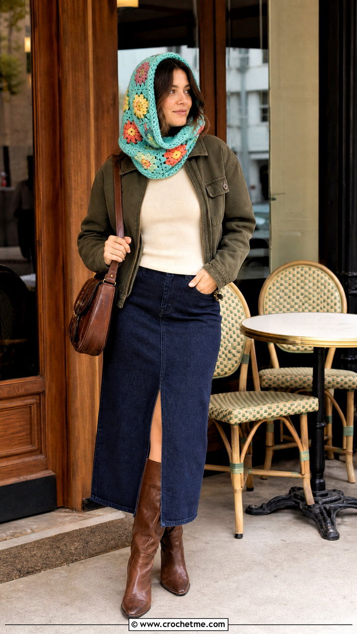 Flower Granny Square Scoodie With Denim Midi Skirt - 35 crochet hooded scarf outfit ideas