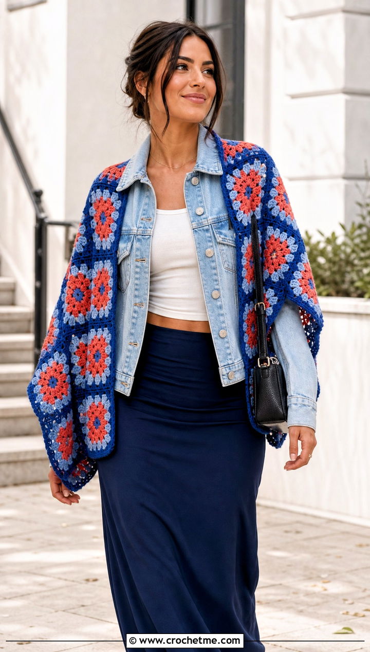 Flower Granny Square Shawl With Denim Jacket And Maxi Skirt - 15 Crochet Floral Shawl outfit ideas
