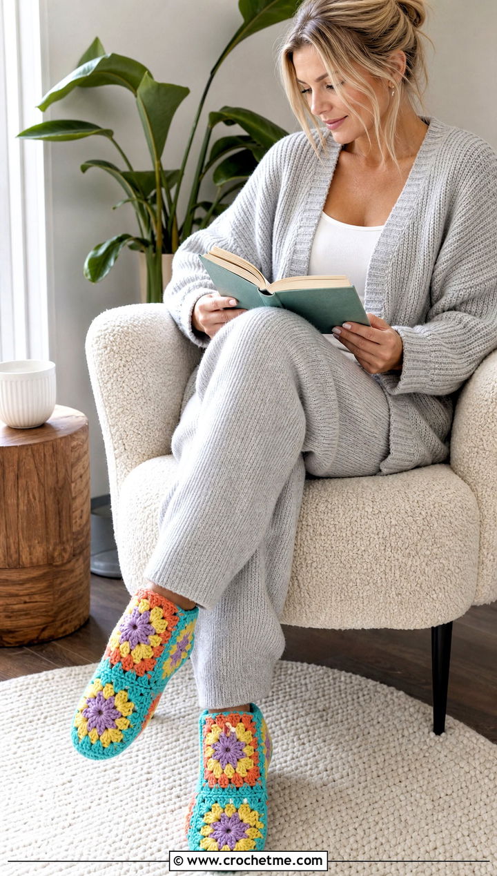 Flower Granny Square Slipper Socks With A Knit Lounge Set - 35 crochet granny square socks outfit ideas