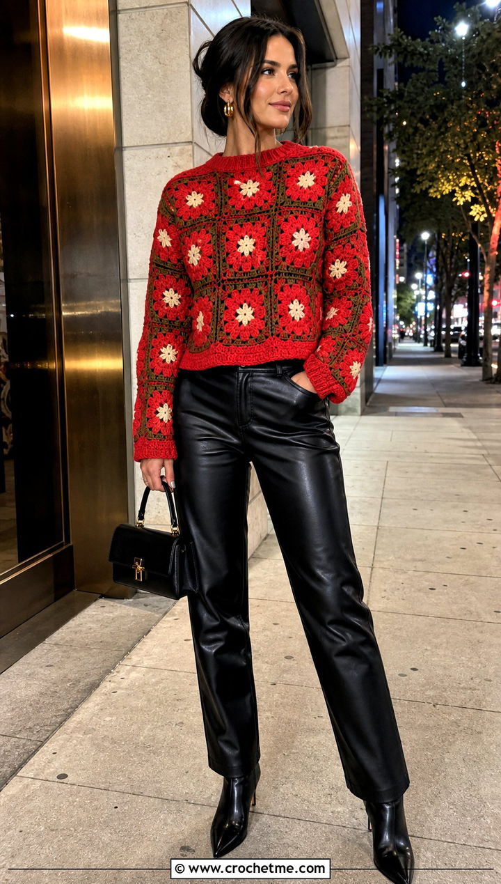 Flower Granny Square Sweater With Leather Pants - 30 crochet sweater with granny squares outfit ideas