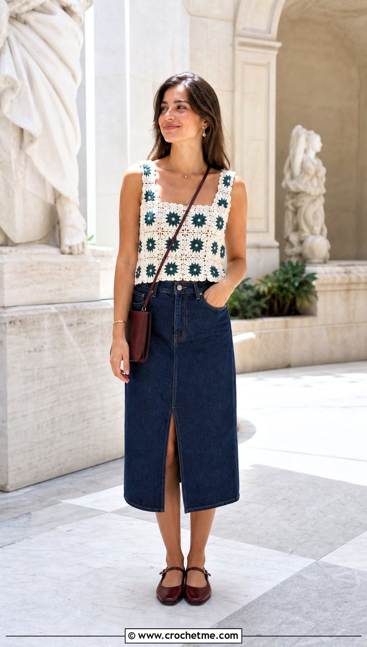 Flower Granny Square Tank Top With Denim Midi Skirt - 15 white crochet top with flowers outfit ideas