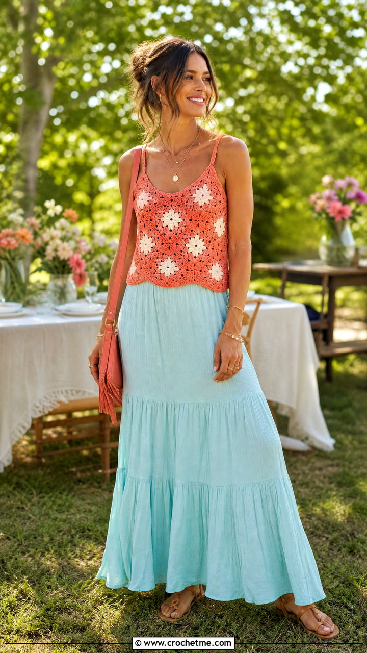 Flower Granny Square Tank Top With Tiered Maxi Skirt - 35 granny square tank top outfit ideas
