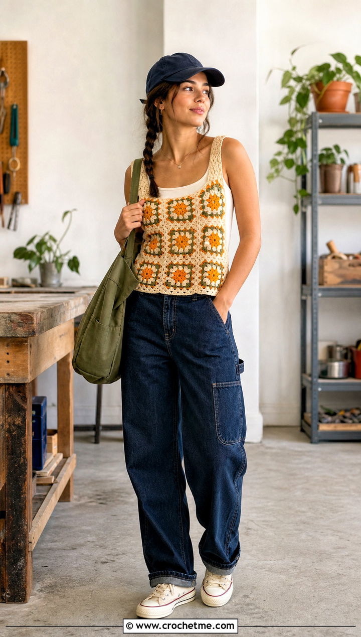 Flower Granny Square Tank With Carpenter Jeans - 35 crochet top with flowers outfit ideas