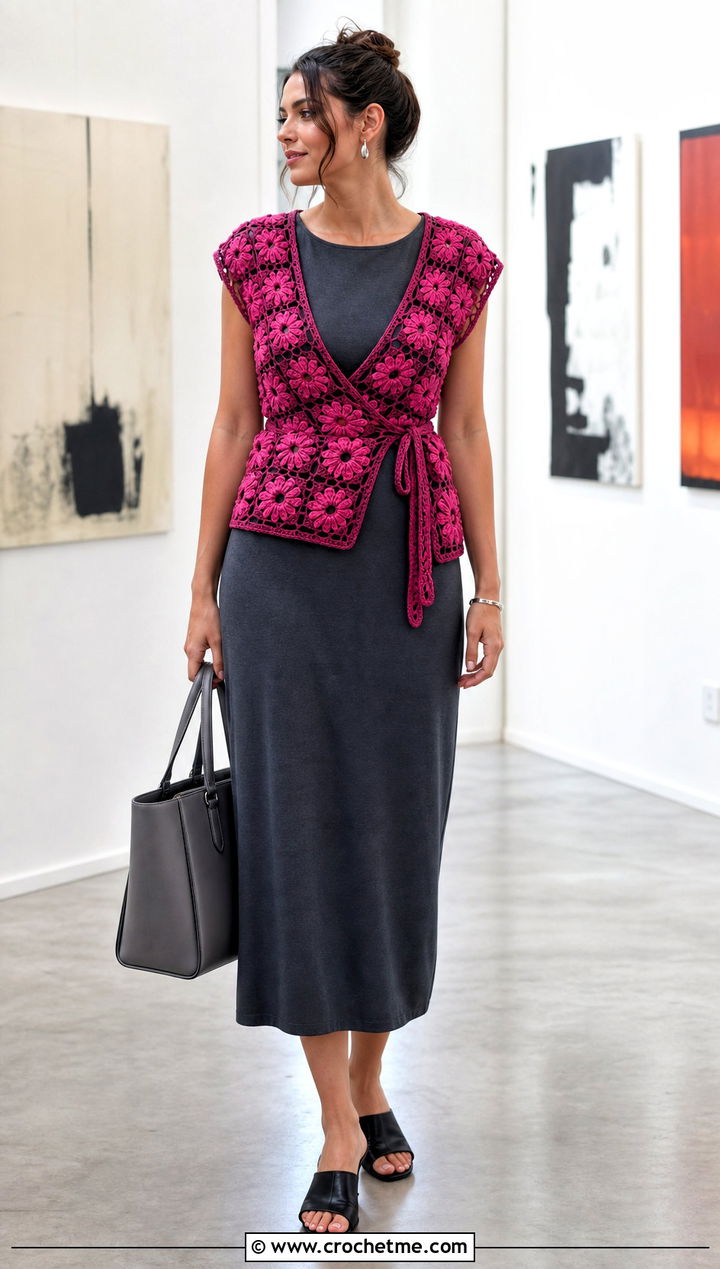 Flower Granny Square Wrap Top Over A Column Dress - 35 granny square wrap top outfit ideas