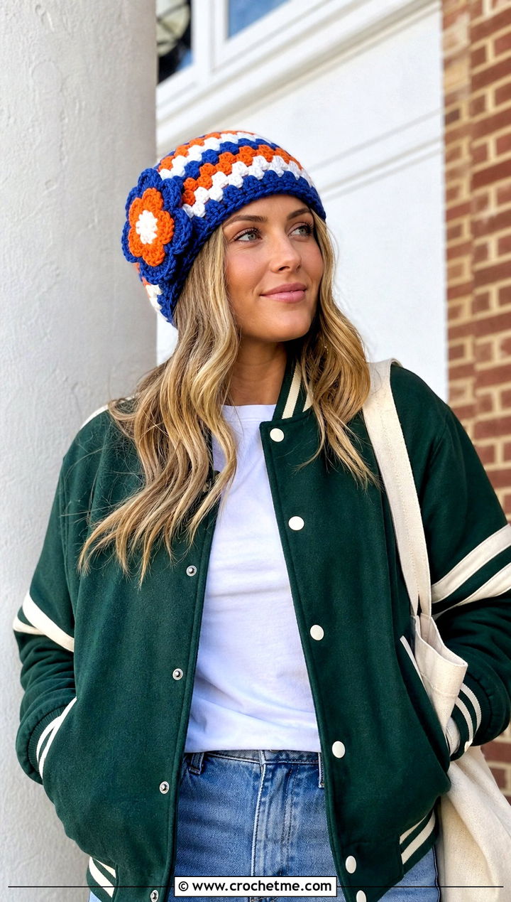 Flower Granny Stripe Beanie With Varsity Jacket - 30 crochet flower beanie outfit ideas