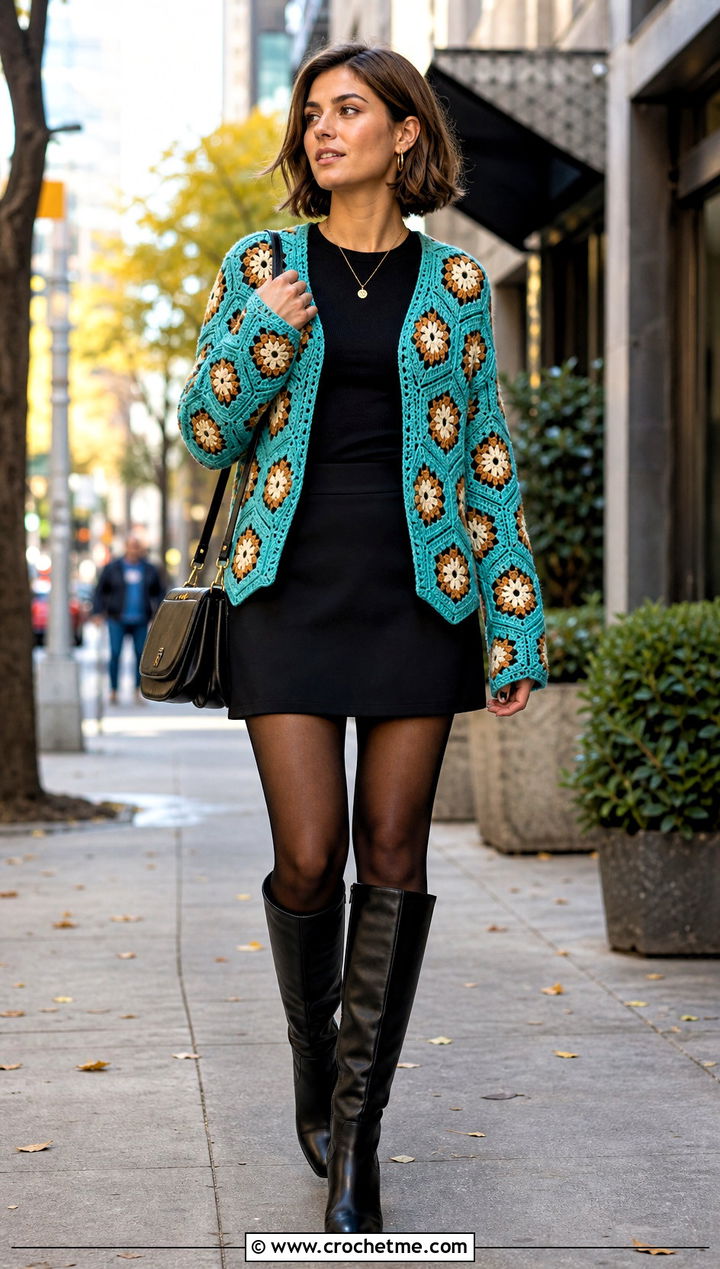 Flower Hexagon Cardigan With Mini Skirt - 30 flower crochet sweater outfit ideas