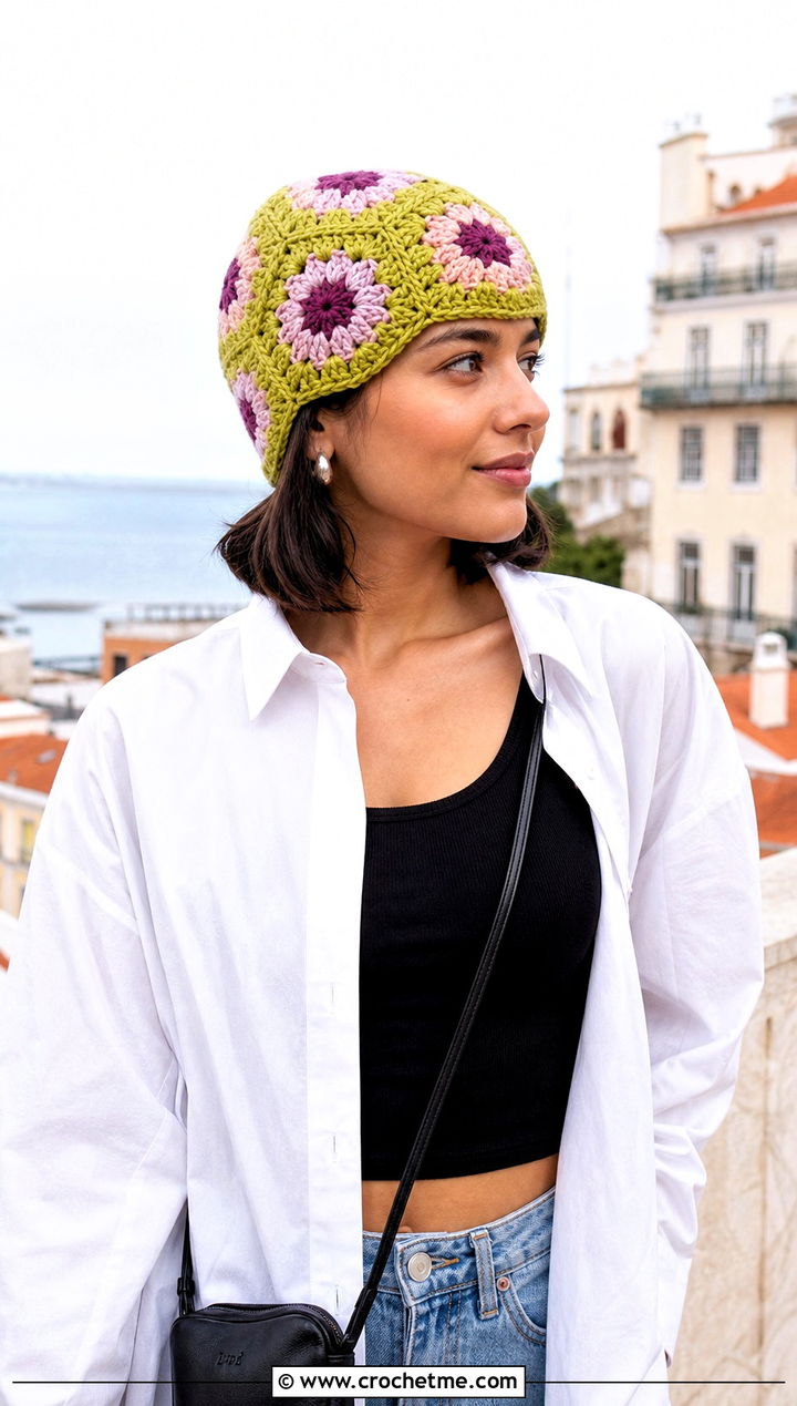 Flower Hexagon Crochet Beanie With Oversized Shirt - 30 crochet flower beanie outfit ideas
