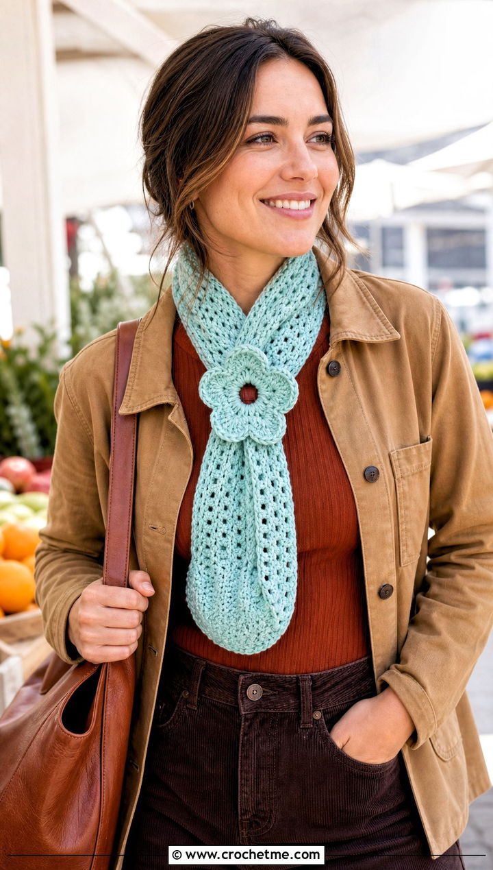 Flower Keyhole Crochet Button Hole Scarf With Chore Jacket - 15 Crochet Button Hole Scarf outfit ideas