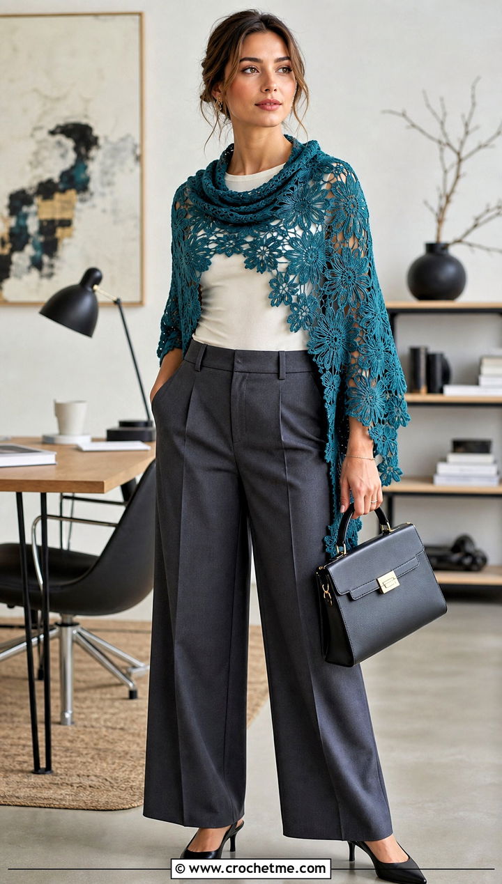 Flower Lace Crescent Shawl With Tailored Trousers - 15 Crochet Flower Shawl outfit ideas