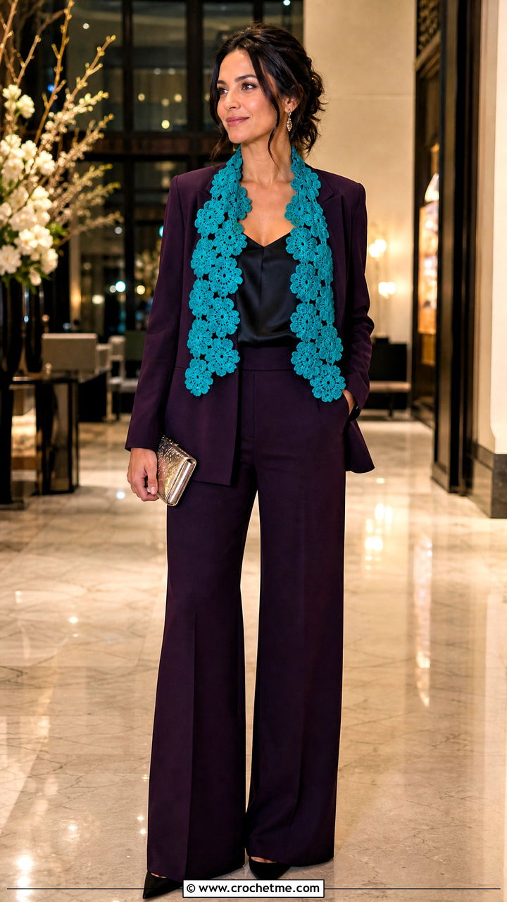 Flower Lace Crochet Scarf With Evening Suit - 35 easy crochet scarf outfit ideas