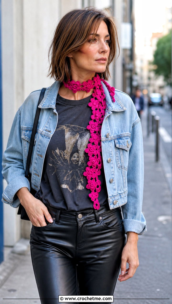 Flower Lace Skinny Crochet Scarf With Graphic Tee And Leather Pants - 25 super crochet scarf outfit ideas