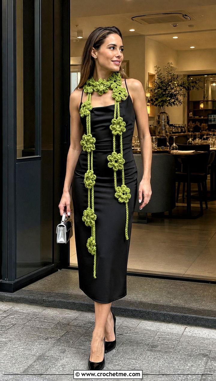 Flower Lariat Crochet Scarf With Black Dress - 35 crochet neck scarf outfit ideas