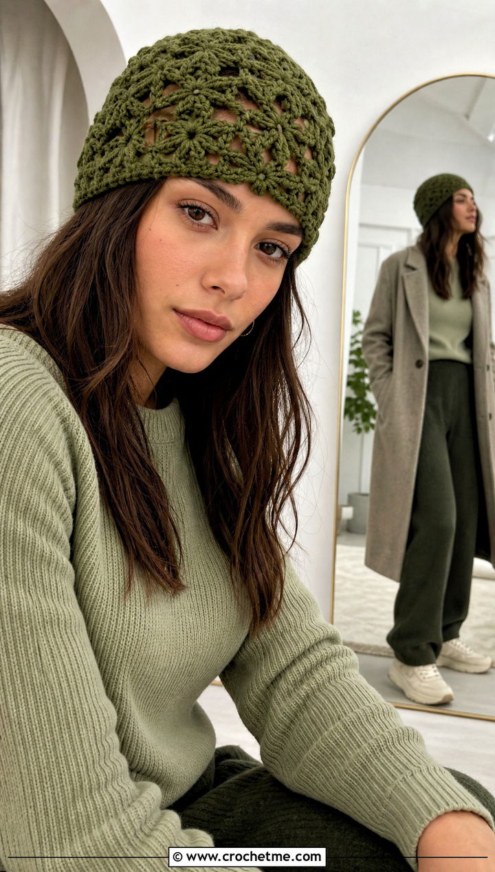 Flower Mesh Crochet Beanie With Monochrome Knit Outfit - 30 crochet lace beanie outfit ideas
