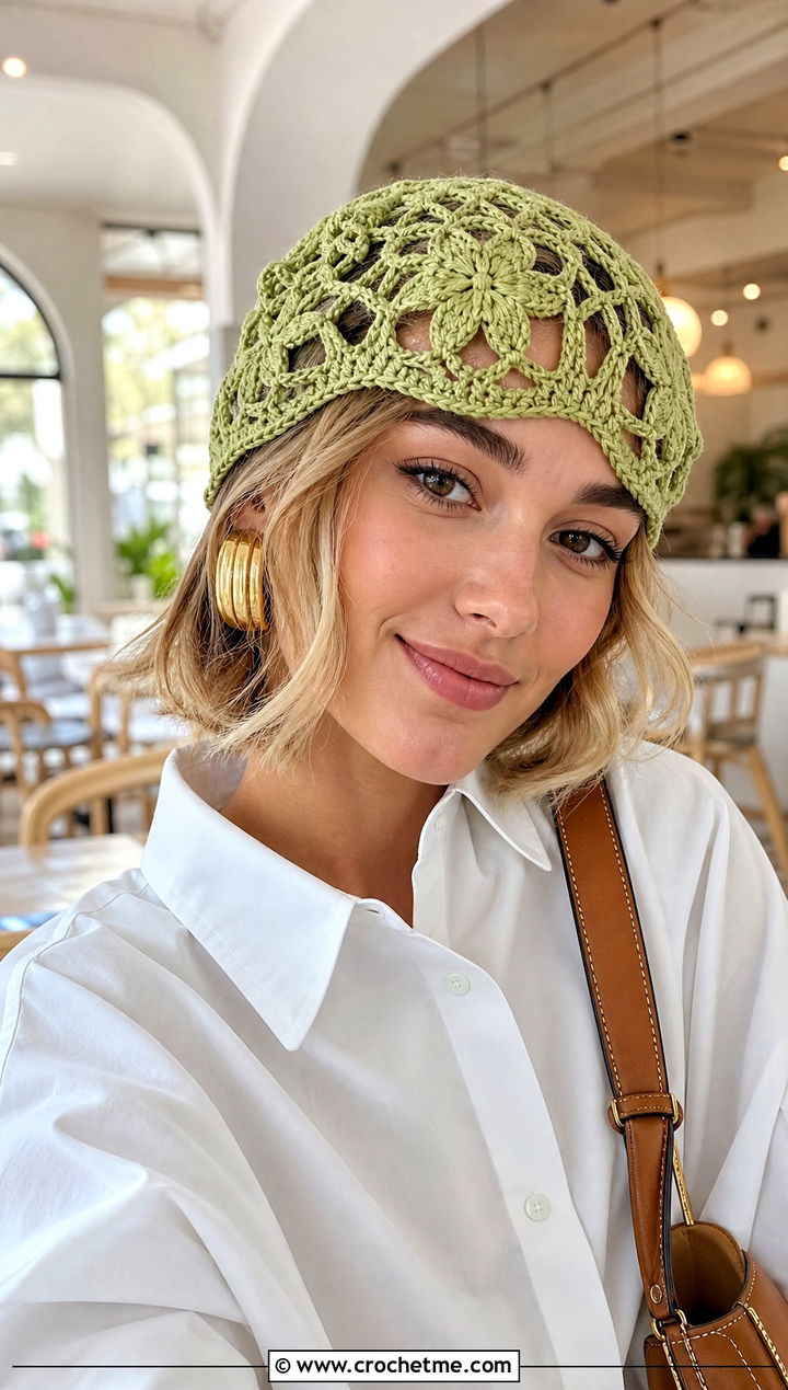 Flower Mesh Crochet Beanie With White Shirt - 25 crochet mesh beanie outfit ideas