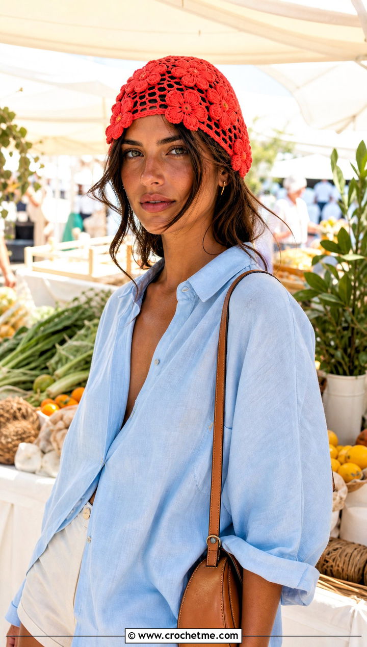Flower Mesh Crochet Cap With Linen Shirt And Shorts - 30 Crochet Mesh Cap outfit ideas