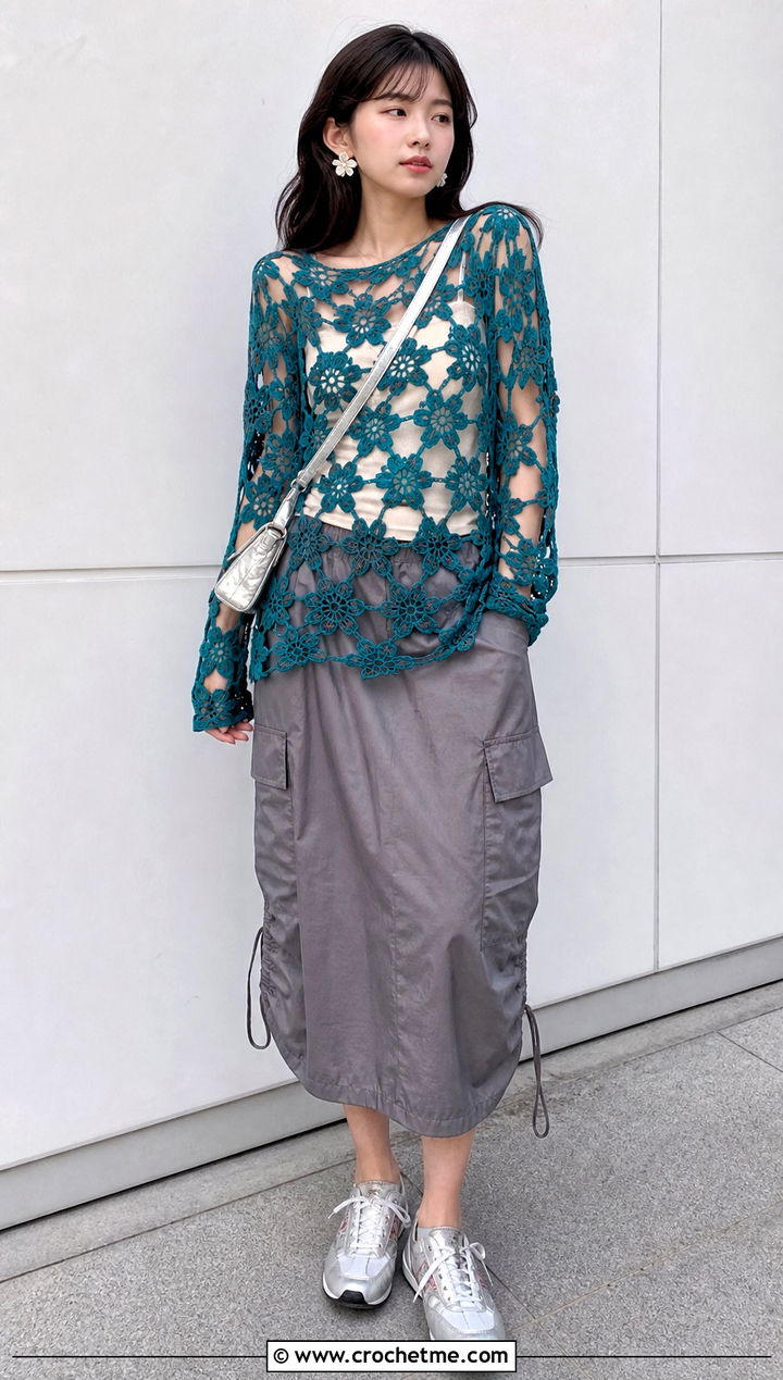 Flower Mesh Crochet Top With Cargo Midi Skirt - 35 Kawaii Crochet Clothes and outfit ideas