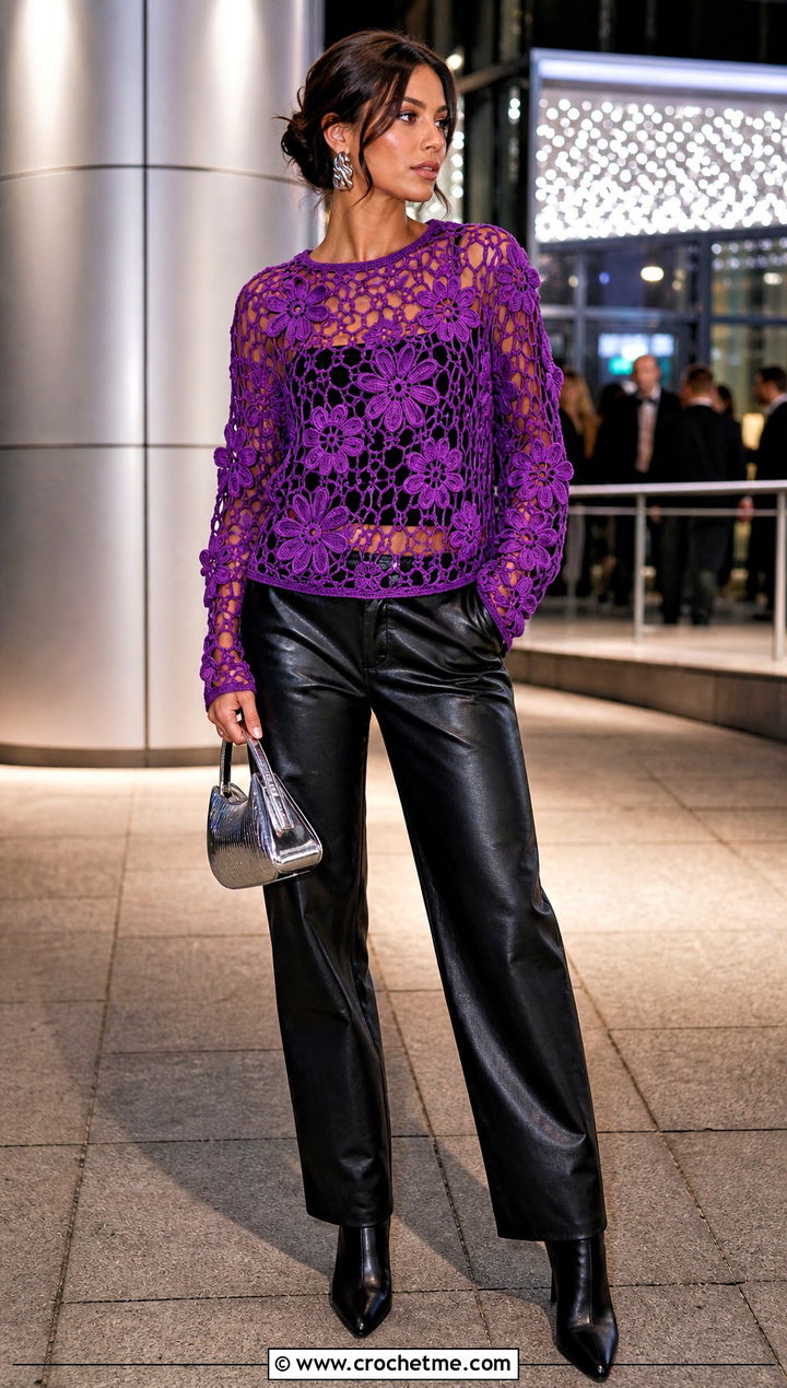 Flower Mesh Crochet Top With Leather Pants - 15 Colorful Floral Crochet Clothing and outfit ideas
