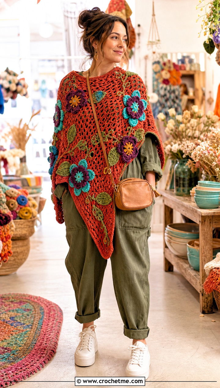 Flower Motif Asymmetrical Crochet Poncho With Utility Jumpsuit - 25 Asymmetrical Crochet Poncho outfit ideas