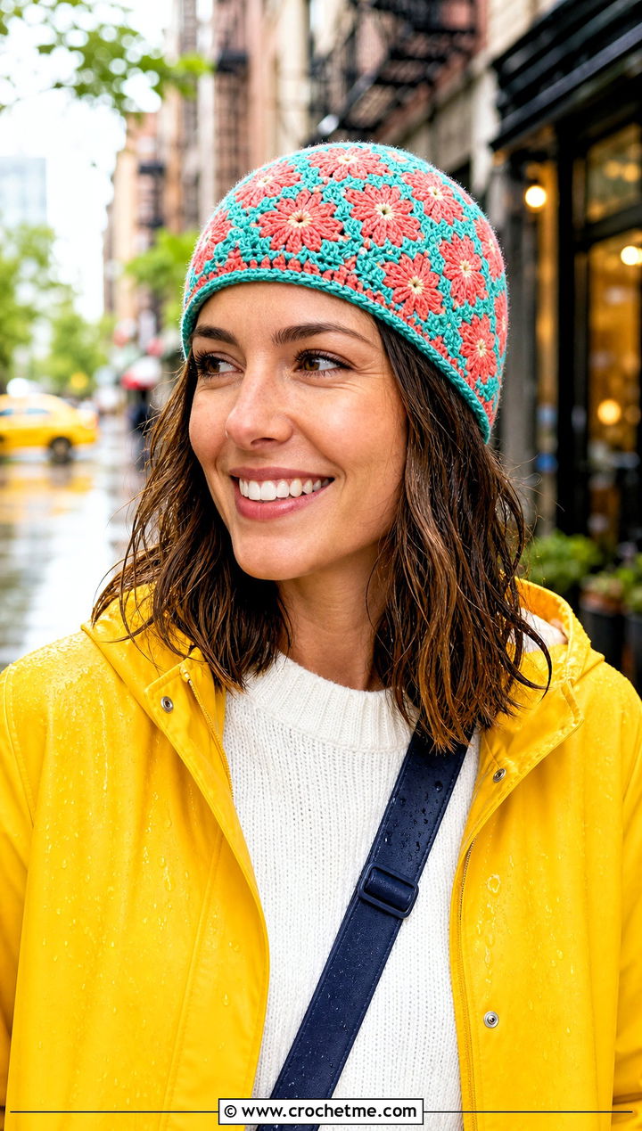 Flower Motif Crochet Beanie With Raincoat And Ankle Boots - 30 two color crochet beanie outfit ideas