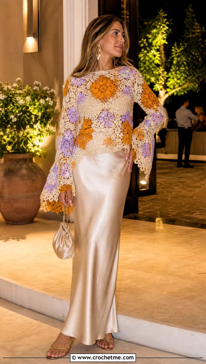 Flower Motif Crochet Bell Sleeve Top With Bias Cut Maxi Skirt - 15 crochet bell sleeve top outfit ideas