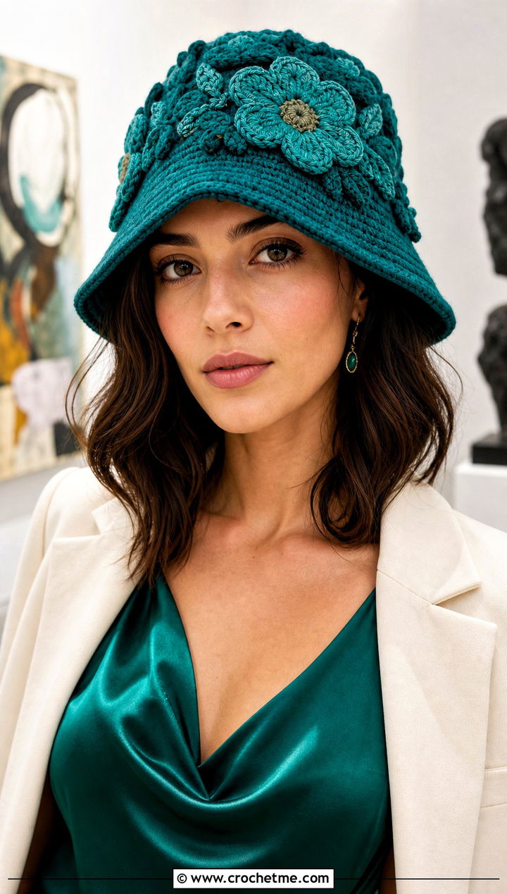Flower Motif Crochet Bucket Hat With Slip Dress - 15 crochet trendy bucket hat outfit ideas
