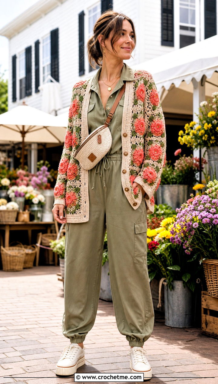 Flower Motif Crochet Button Up Cardigan With Utility Jumpsuit - 25 Crochet Button Up Cardigan outfit ideas