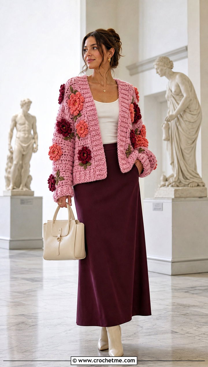 Flower Motif Crochet Cardigan With Maxi Skirt - 25 thick crochet cardigan outfit ideas