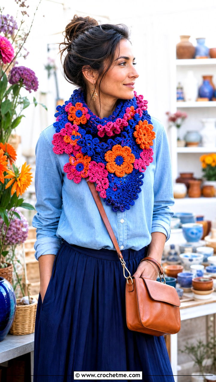Flower Motif Crochet Cowl With Denim Shirt And Maxi Skirt - 35 crochet neck warmer cowls outfit ideas