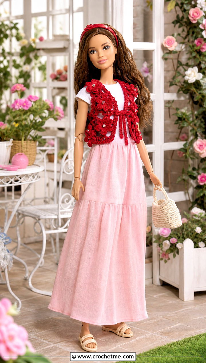 Flower Motif Crochet Doll Vest With Maxi Skirt - 20 crochet doll vest outfit ideas