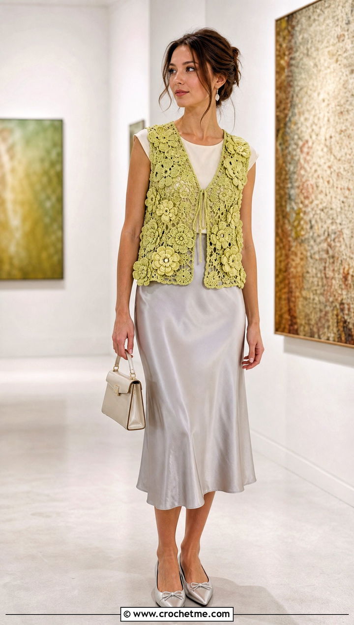 Flower Motif Crochet Hippie Vest With Satin Midi Skirt - 25 crochet hippie vest outfit ideas