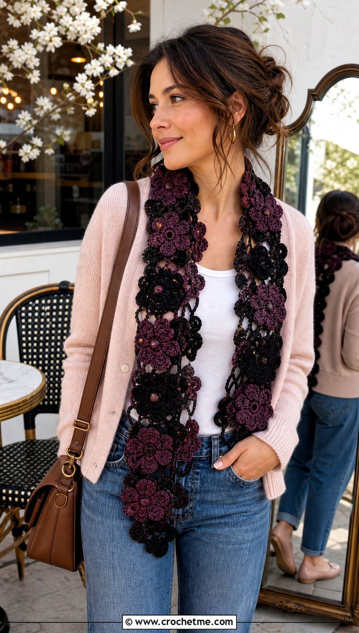 Flower Motif Crochet Scarf With Cardigan And Jeans - 20 Crochet Textured Scarf outfit ideas
