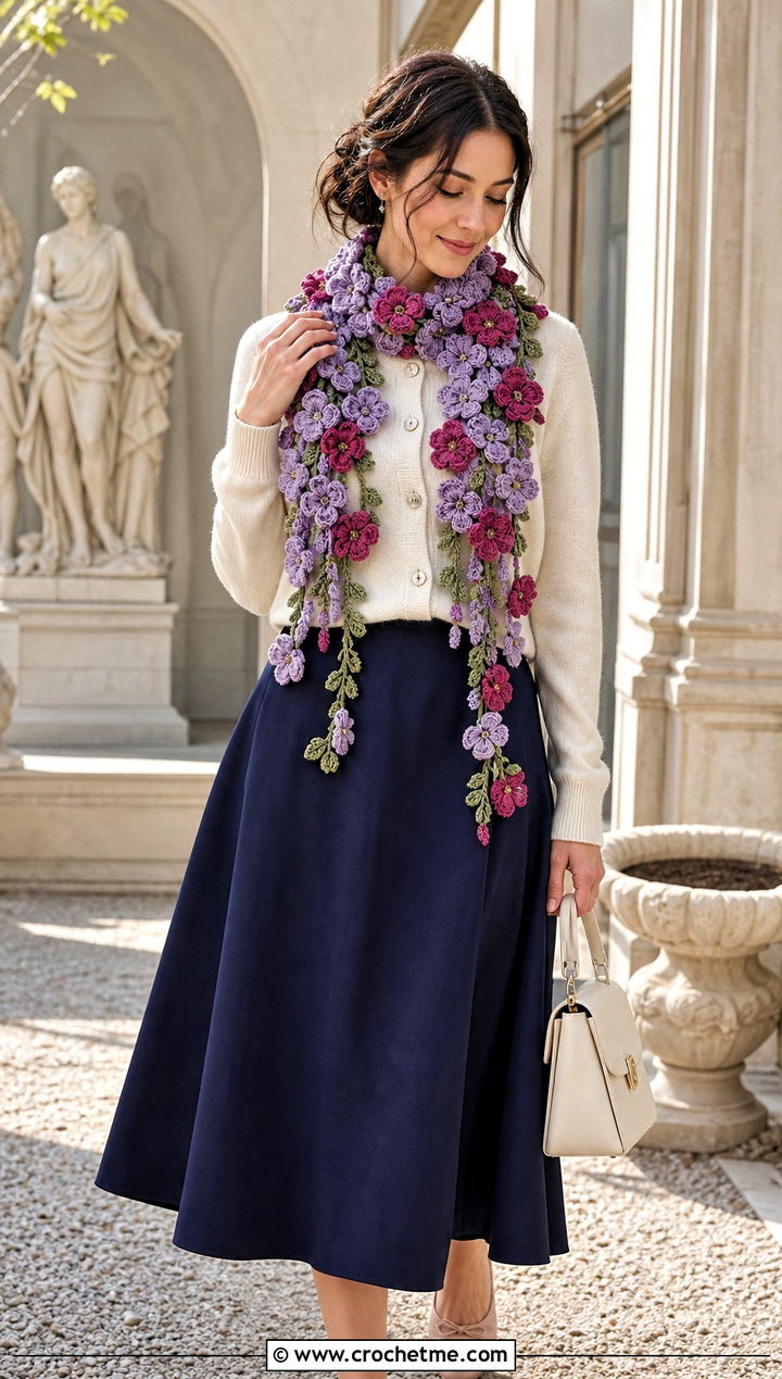 Flower Motif Crochet Scarf With Cardigan And Midi Skirt - 20 Crochet Scarf For Beginners outfit ideas