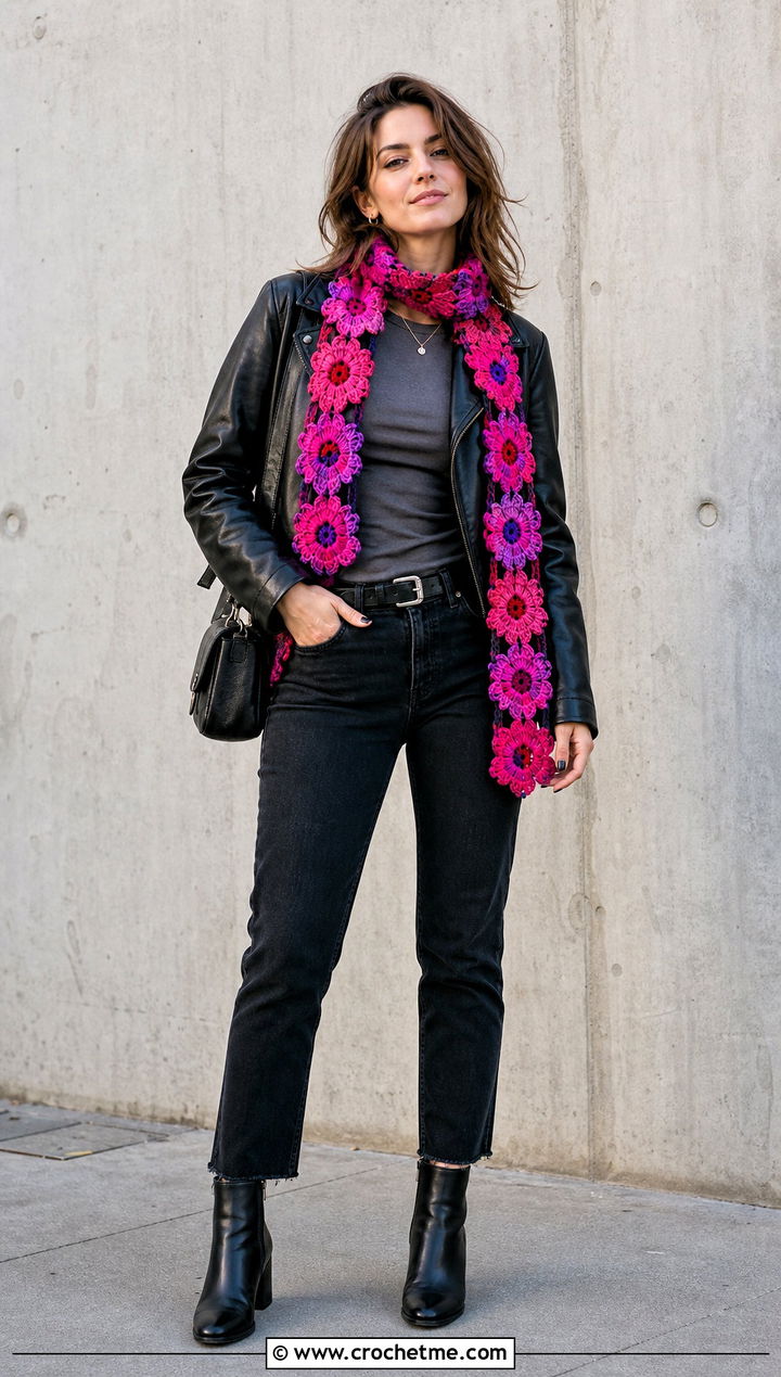 Flower Motif Crochet Scarf With Leather Jacket And Black Jeans - 35 small crochet scarf outfit ideas